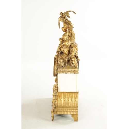 793 - A 19TH CENTURY FRENCH ORNATE GILT METAL AND WHITE MARBLE MANTEL CLOCK OF LARGE SIZE with figural top... 