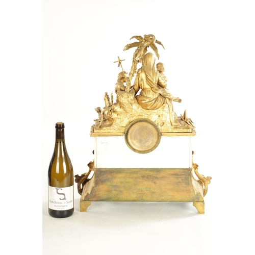 793 - A 19TH CENTURY FRENCH ORNATE GILT METAL AND WHITE MARBLE MANTEL CLOCK OF LARGE SIZE with figural top... 