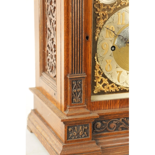 794 - A LATE 19TH CENTURY OAK CASED TRIPLE FUSEE QUARTER CHIMING BRACKET CLOCK, the carved case with reede... 