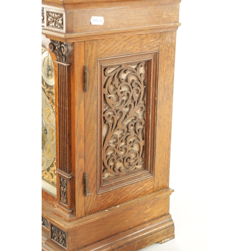 794 - A LATE 19TH CENTURY OAK CASED TRIPLE FUSEE QUARTER CHIMING BRACKET CLOCK, the carved case with reede... 