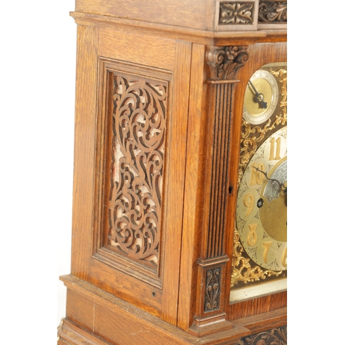 794 - A LATE 19TH CENTURY OAK CASED TRIPLE FUSEE QUARTER CHIMING BRACKET CLOCK, the carved case with reede... 