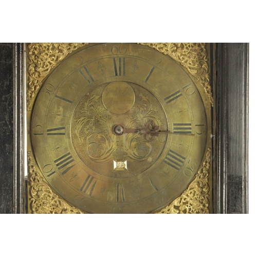 799 - JAMES WILSON, ASKRIGG. AN EARLY 18TH CENTURY EBONISED 30-HOUR LONGCASE CLOCK, the slender case with ... 