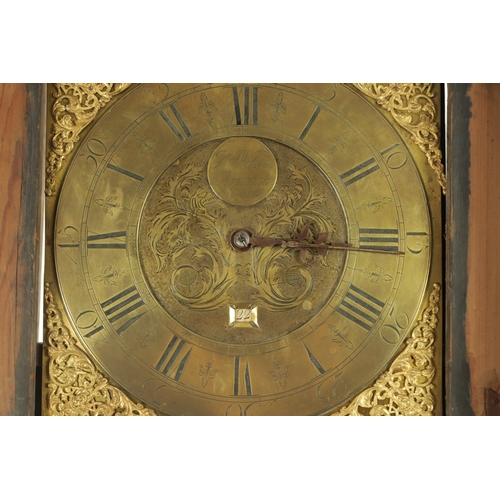 799 - JAMES WILSON, ASKRIGG. AN EARLY 18TH CENTURY EBONISED 30-HOUR LONGCASE CLOCK, the slender case with ... 