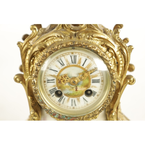 807 - A LATE 19TH CENTURY FRENCH ROCOCO PORCELAIN PANELLED BRASS MANTEL CLOCK with ornate case and eight-d... 