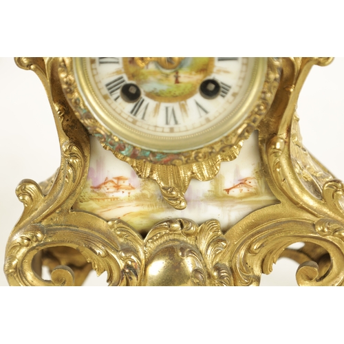 807 - A LATE 19TH CENTURY FRENCH ROCOCO PORCELAIN PANELLED BRASS MANTEL CLOCK with ornate case and eight-d... 