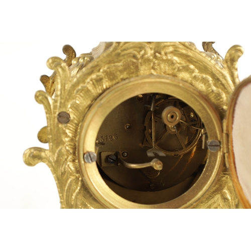 807 - A LATE 19TH CENTURY FRENCH ROCOCO PORCELAIN PANELLED BRASS MANTEL CLOCK with ornate case and eight-d... 