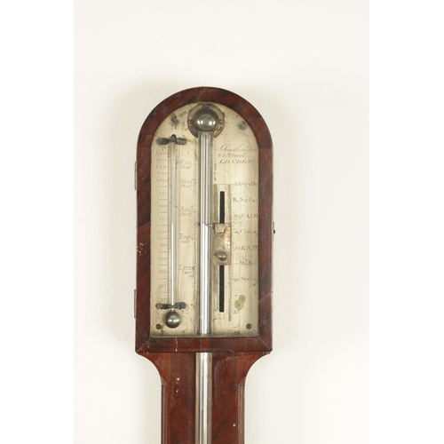 814 - SCHMALCALDER 82, STRAND LONDON. A GEORGE III FIGURED MAHOGANY STICK BAROMETER the arched case with a... 