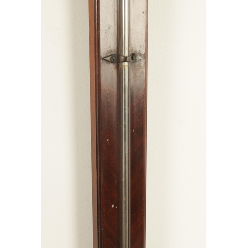 814 - SCHMALCALDER 82, STRAND LONDON. A GEORGE III FIGURED MAHOGANY STICK BAROMETER the arched case with a... 