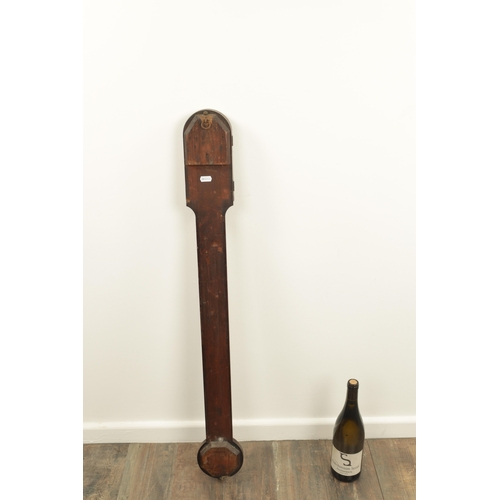 814 - SCHMALCALDER 82, STRAND LONDON. A GEORGE III FIGURED MAHOGANY STICK BAROMETER the arched case with a... 