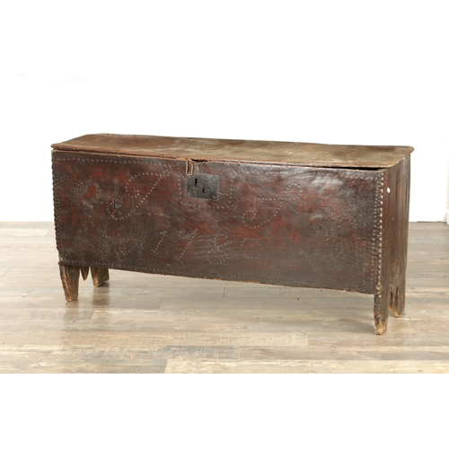 818 - A LATE 17TH CENTURY ELM PLANK COFFER with later punch decoration bearing initials J S and dated 1780... 