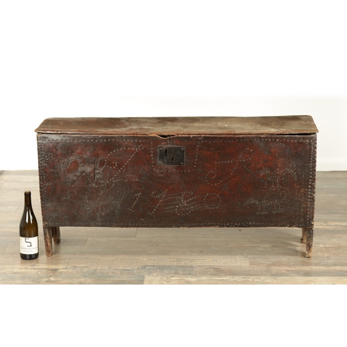 818 - A LATE 17TH CENTURY ELM PLANK COFFER with later punch decoration bearing initials J S and dated 1780... 