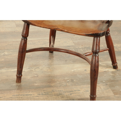 821 - A 19TH CENTURY HIGH BACK YEW-WOOD WINDSOR CHAIR with a pierced splat back and elm saddle seat on tur... 