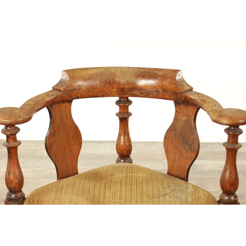 824 - A GOOD 19TH CENTURY BURR ELM CORNER CHAIR with scrolled top rail and tuned supports; above a drop-in... 