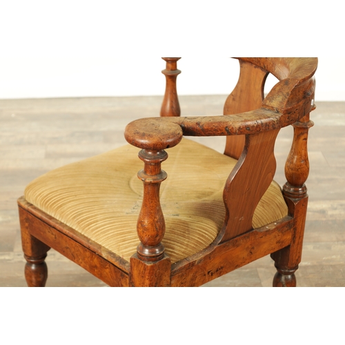 824 - A GOOD 19TH CENTURY BURR ELM CORNER CHAIR with scrolled top rail and tuned supports; above a drop-in... 