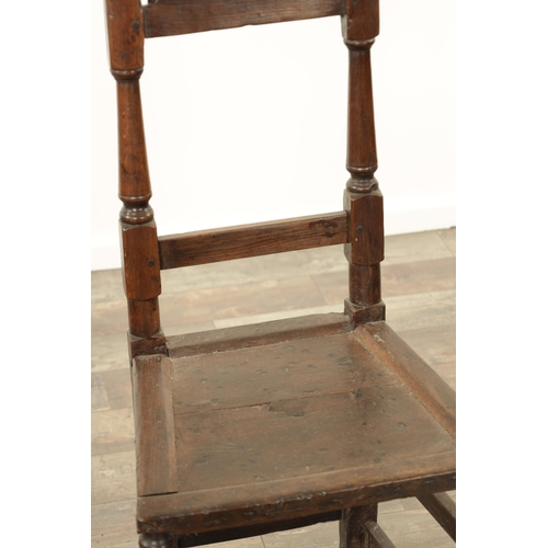 825 - A 17TH CENTURY JOINED OAK BACK STOOL TOGETHER WITH THREE 19TH CENTURY CHILDS CHAIRS (back stool 43cm... 