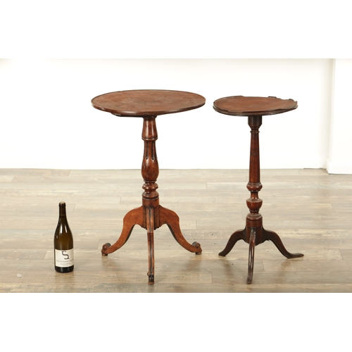 839 - AN EARLY 18TH CENTURY OAK CANDLE STAND TOGETHER WITH A 19TH CENTURY FRUITWOOD TRIPOD TABLE both with... 