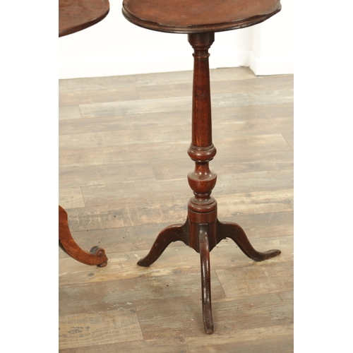 839 - AN EARLY 18TH CENTURY OAK CANDLE STAND TOGETHER WITH A 19TH CENTURY FRUITWOOD TRIPOD TABLE both with... 