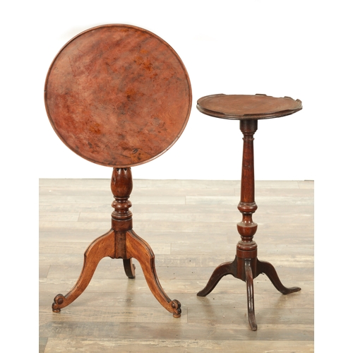 839 - AN EARLY 18TH CENTURY OAK CANDLE STAND TOGETHER WITH A 19TH CENTURY FRUITWOOD TRIPOD TABLE both with... 