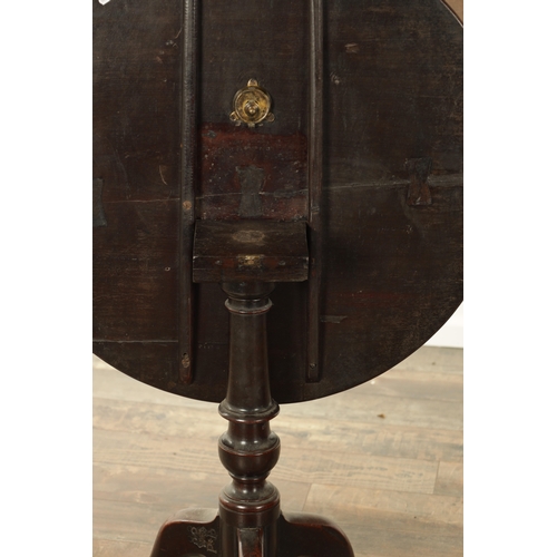 844 - AN 18TH CENTURY FRUITWOOD TILT TOP TRIPOD TABLE with ringed vase-shaped stem - initialled registrati... 