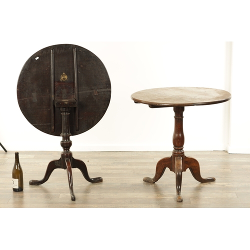 844 - AN 18TH CENTURY FRUITWOOD TILT TOP TRIPOD TABLE with ringed vase-shaped stem - initialled registrati... 