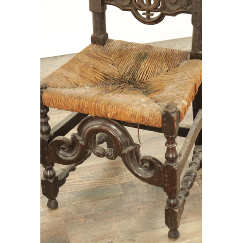 846 - A 17TH CENTURY TALL PANEL BACK JOINED OAK SIDE CHAIR with scrolled arched pierced cresting, turned u... 