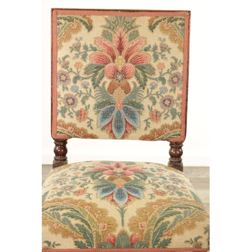 847 - A SET OF SIX WILLIAM AND MARY WALNUT TAPESTRY UPHOLSTERED DINING CHAIRS with barley twist legs and f... 