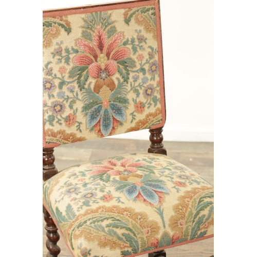 847 - A SET OF SIX WILLIAM AND MARY WALNUT TAPESTRY UPHOLSTERED DINING CHAIRS with barley twist legs and f... 