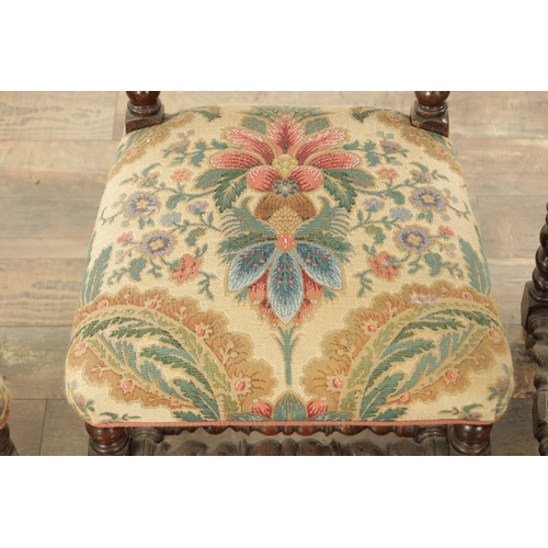 847 - A SET OF SIX WILLIAM AND MARY WALNUT TAPESTRY UPHOLSTERED DINING CHAIRS with barley twist legs and f... 