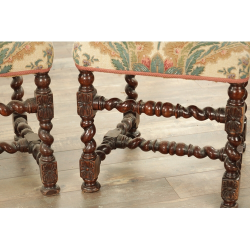 847 - A SET OF SIX WILLIAM AND MARY WALNUT TAPESTRY UPHOLSTERED DINING CHAIRS with barley twist legs and f... 