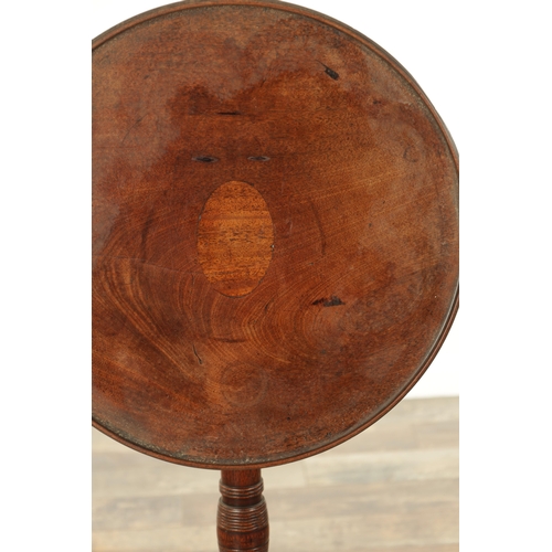 848 - A GEORGE III MAHOGANY TILT-TOP TABLE with ring-turned stem and tripod base. (46cm diameter 77cm high... 