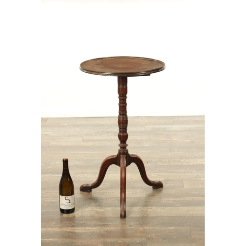 848 - A GEORGE III MAHOGANY TILT-TOP TABLE with ring-turned stem and tripod base. (46cm diameter 77cm high... 