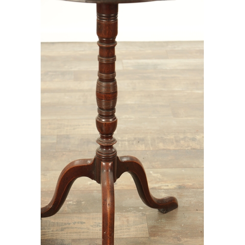 848 - A GEORGE III MAHOGANY TILT-TOP TABLE with ring-turned stem and tripod base. (46cm diameter 77cm high... 