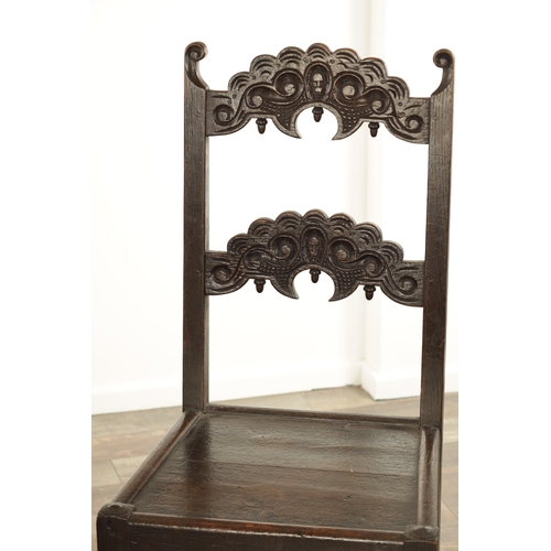 852 - A PAIR OF 17TH CENTURY YORKSHIRE SIDE CHAIRS with carved-shaped cross rails, panelled seats and ring... 