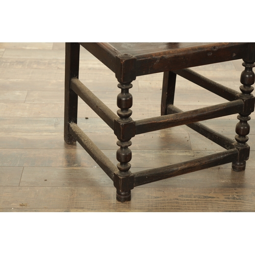 852 - A PAIR OF 17TH CENTURY YORKSHIRE SIDE CHAIRS with carved-shaped cross rails, panelled seats and ring... 