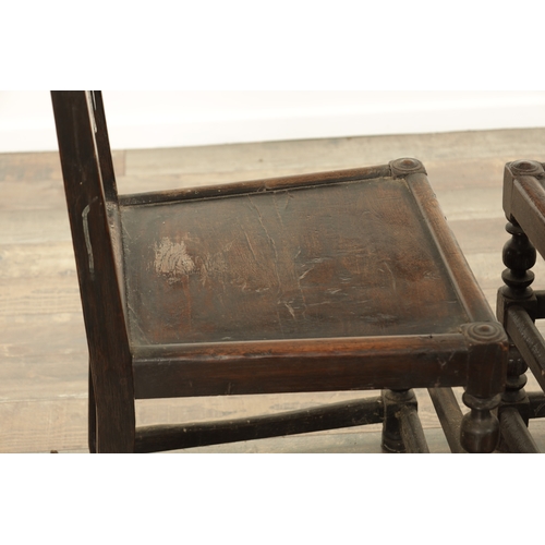 852 - A PAIR OF 17TH CENTURY YORKSHIRE SIDE CHAIRS with carved-shaped cross rails, panelled seats and ring... 