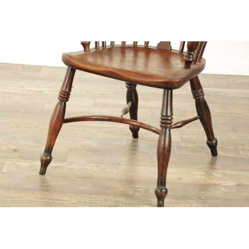 855 - A 19TH CENTURY LOW BACK YEW-WOOD WINDSOR CHAIR with a pierced splat back and elm saddle seat on turn... 