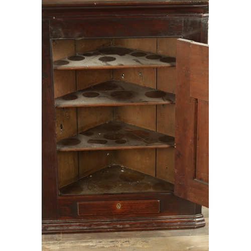 858 - A GOOD EARLY 18TH CENTURY WALNUT HANGING CORNER CUPBOARD with arched panelled door above a single dr... 