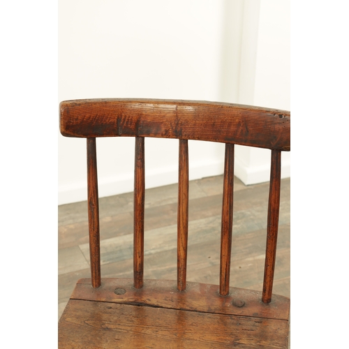 863 - A 19TH CENTURY ELM PRIMITIVE STICK BACK CHAIR with solid seat and square legs (46cm wide 75cm high )