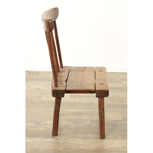 863 - A 19TH CENTURY ELM PRIMITIVE STICK BACK CHAIR with solid seat and square legs (46cm wide 75cm high )