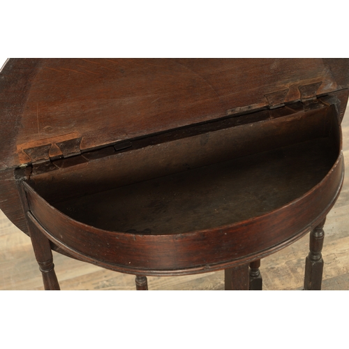 864 - AN EARLY 18TH CENTURY OAK DEMI LUNE SIDE TABLE with fold-down back and hinged top, raised on ring-tu... 