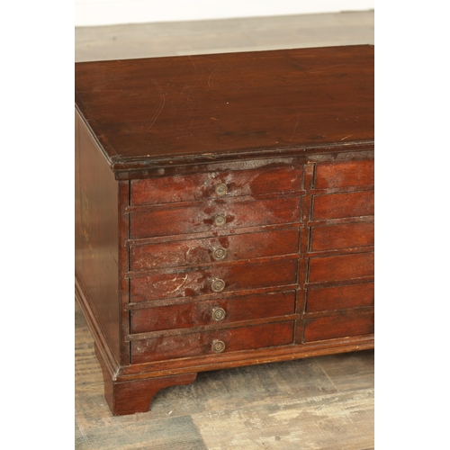 865 - A LATE GEORGIAN MAHOGANY COLLECTORS CABINET fitted two banks of six small drawers raised on bracket ... 