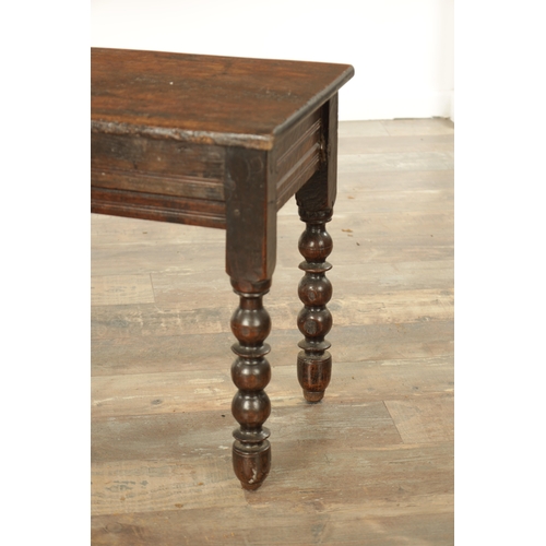 867 - A LATE 17TH CENTURY AND LATER OAK STOOL with plank top raised on ring turned leg supports (52cm wide... 