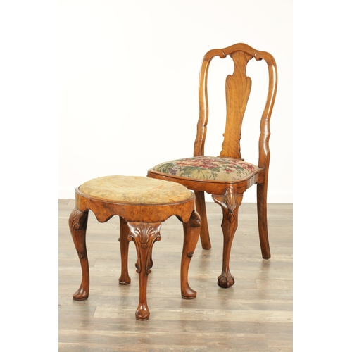 869 - A GEORGE I STYLE OVAL WALNUT DRESSING STOOL AND A SIMILAR WALNUT SIDE CHAIR both with shell-carved f... 