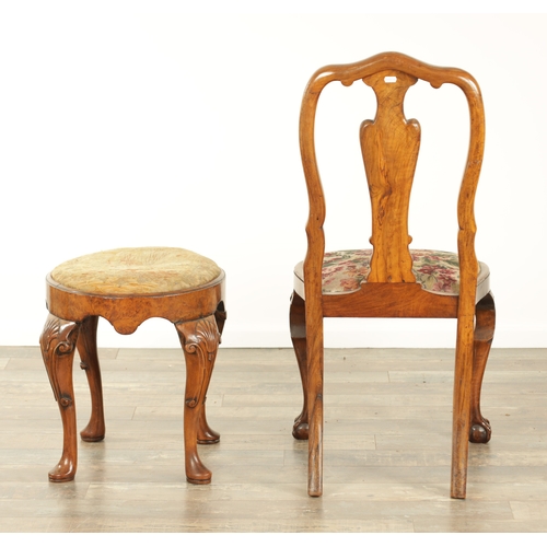 869 - A GEORGE I STYLE OVAL WALNUT DRESSING STOOL AND A SIMILAR WALNUT SIDE CHAIR both with shell-carved f... 