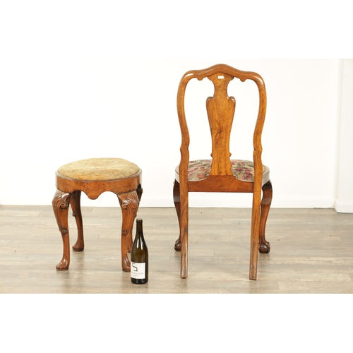 869 - A GEORGE I STYLE OVAL WALNUT DRESSING STOOL AND A SIMILAR WALNUT SIDE CHAIR both with shell-carved f... 