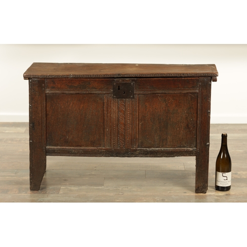 870 - A 17TH CENTURY SMALL NAILED PLANK COFFER the joined double panelled front with moulded borders and c... 