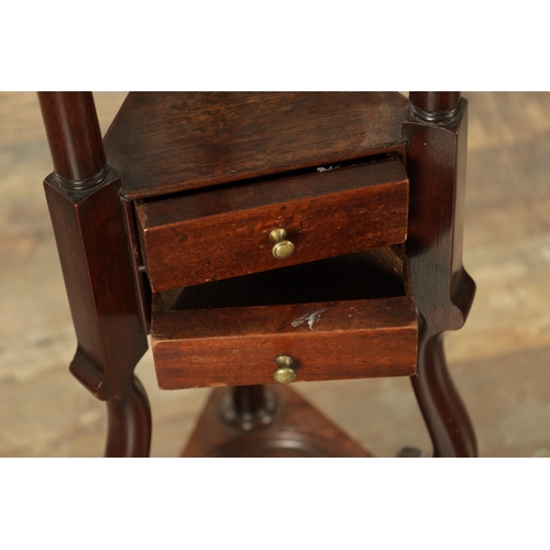 874 - A GEORGE III MAHOGANY WIG STAND with fitted small drawers and shaped supports, raised on cabriole le... 