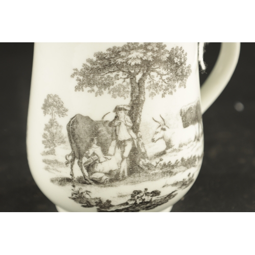 379 - A WORCESTER BELL SHAPED TANKARD WTH HANCOCK PRINT OF MILKING SCENE AND RURAL LOVERS CIRCA 1760 (8.5c... 