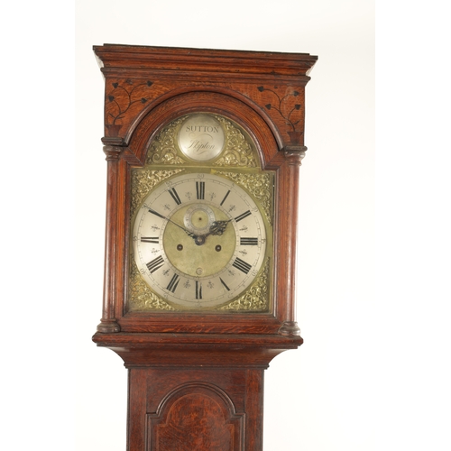 798 - SUTTON, SKIPTON. A MID 18TH CENTURY EIGHT DAY LONGCASE CLOCK, the slender oak case with boxwood and ... 