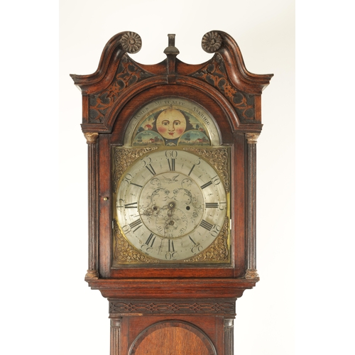 806 - JAMES METCALFE, ASKRIGG. A GEORGE III OAK LONGCASE CLOCK, the case with swan neck pediment and reede... 